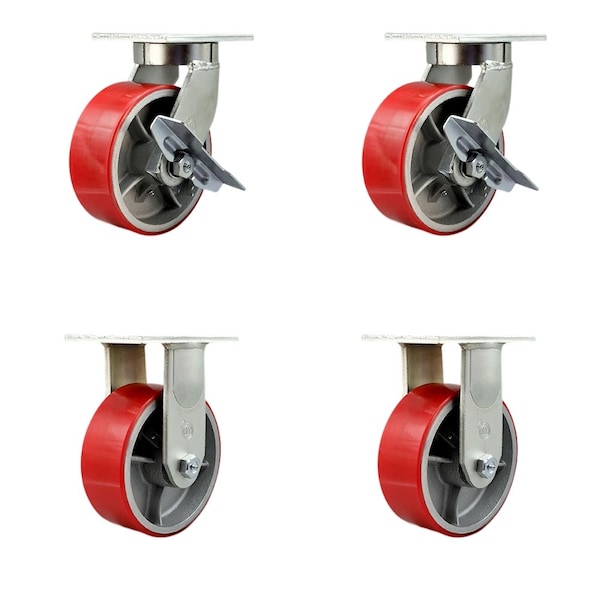 Service Caster 8'' Heavy Duty Red Poly on Cast Iron Wheel Caster Set 2 Brakes 2 Rigid, 4PK CRAN-SCC-KP92S830-PUR-RS-SLB-2-R-2 - main